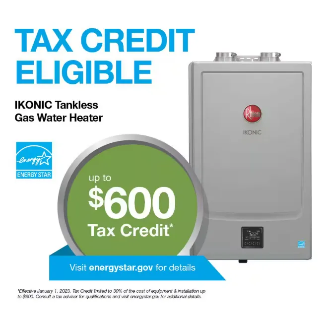 Rheem IKONIC tankless gas water heater, eligible for an up to $600 ENERGY STAR tax credit