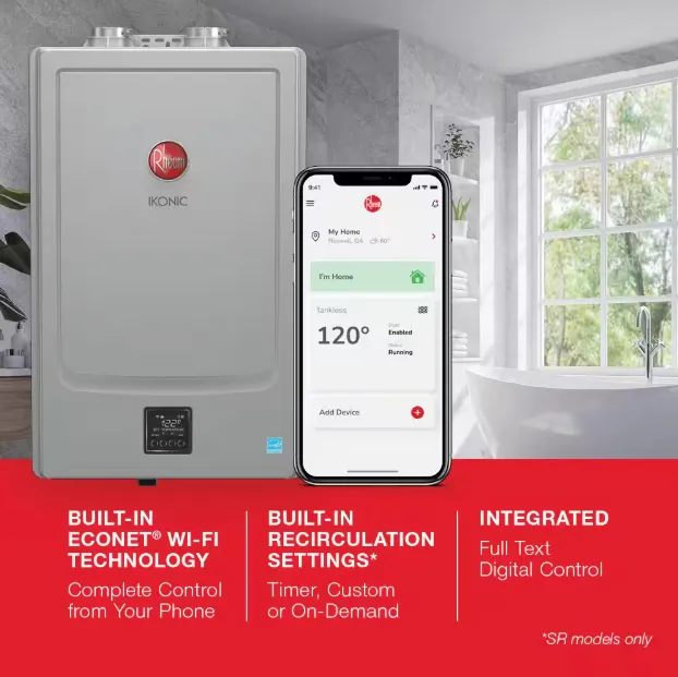 Rheem IKONIC tankless water heater beside a phone running the EcoNet Wi-Fi control app