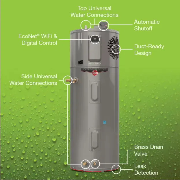 Rheem ProTerra hybrid heat pump water heater with labeled features like leak detection